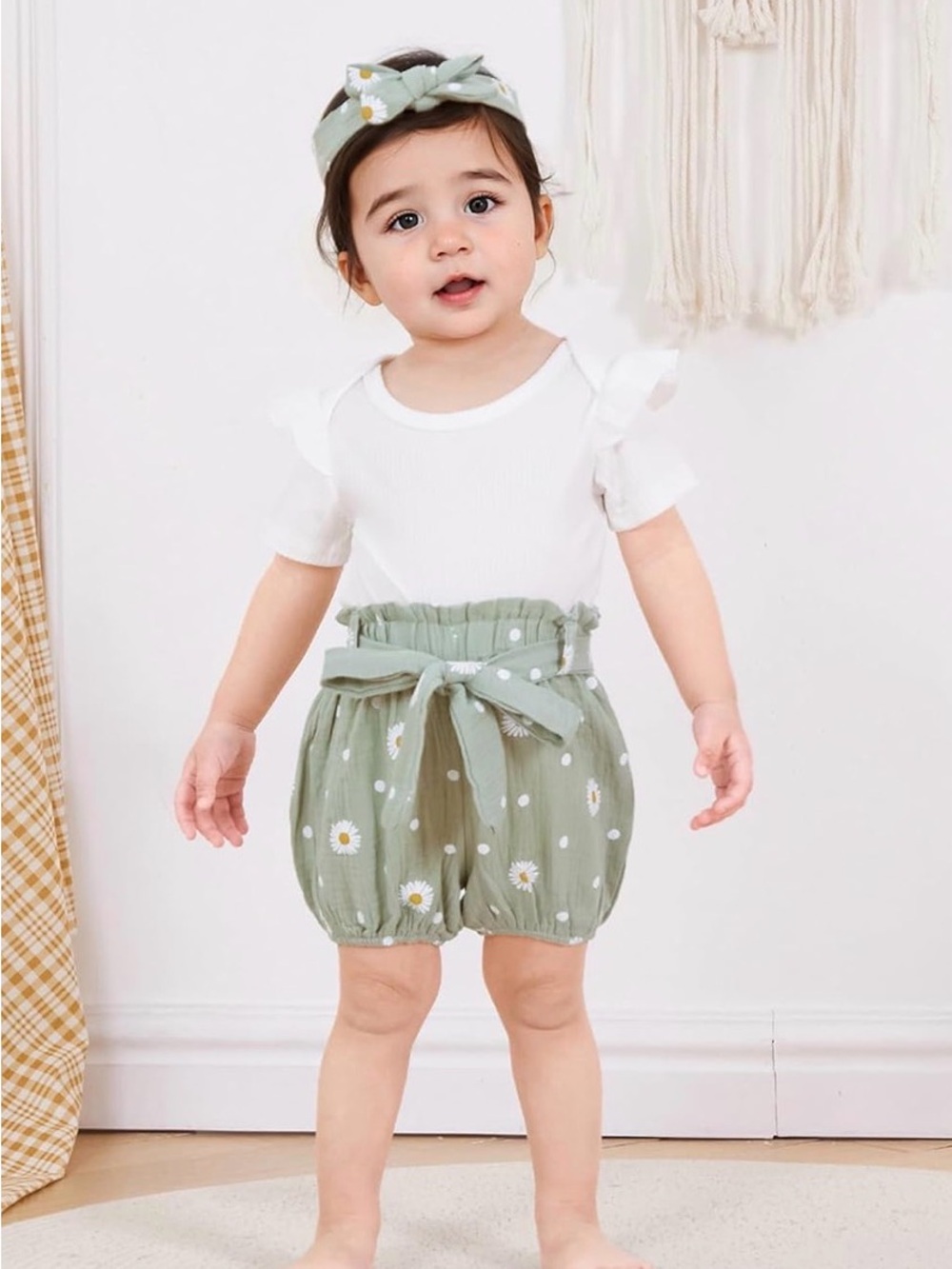 Baby Daisy Print Bow Waist Bubble Shorts, Ruffle Sleeve shirt with Headband